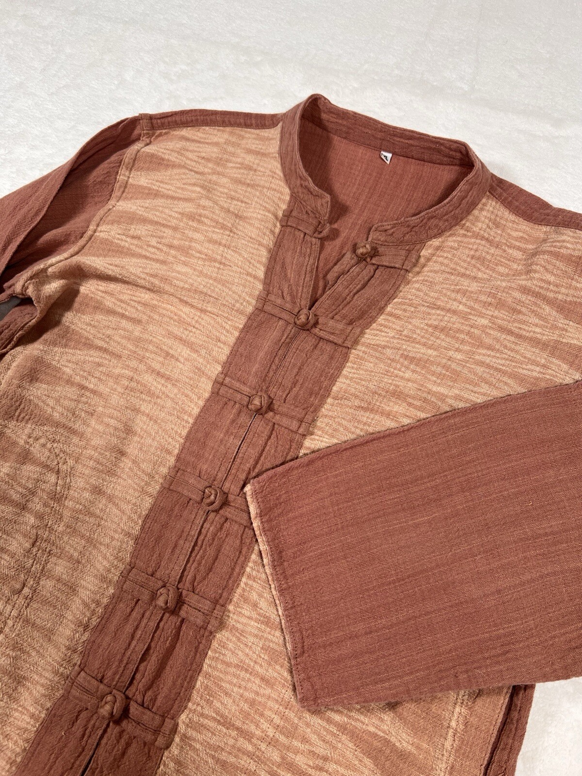 BaiPai Women XL Terracotta Cotton Gauze Frog Button Mandarin Collar Ikat Top