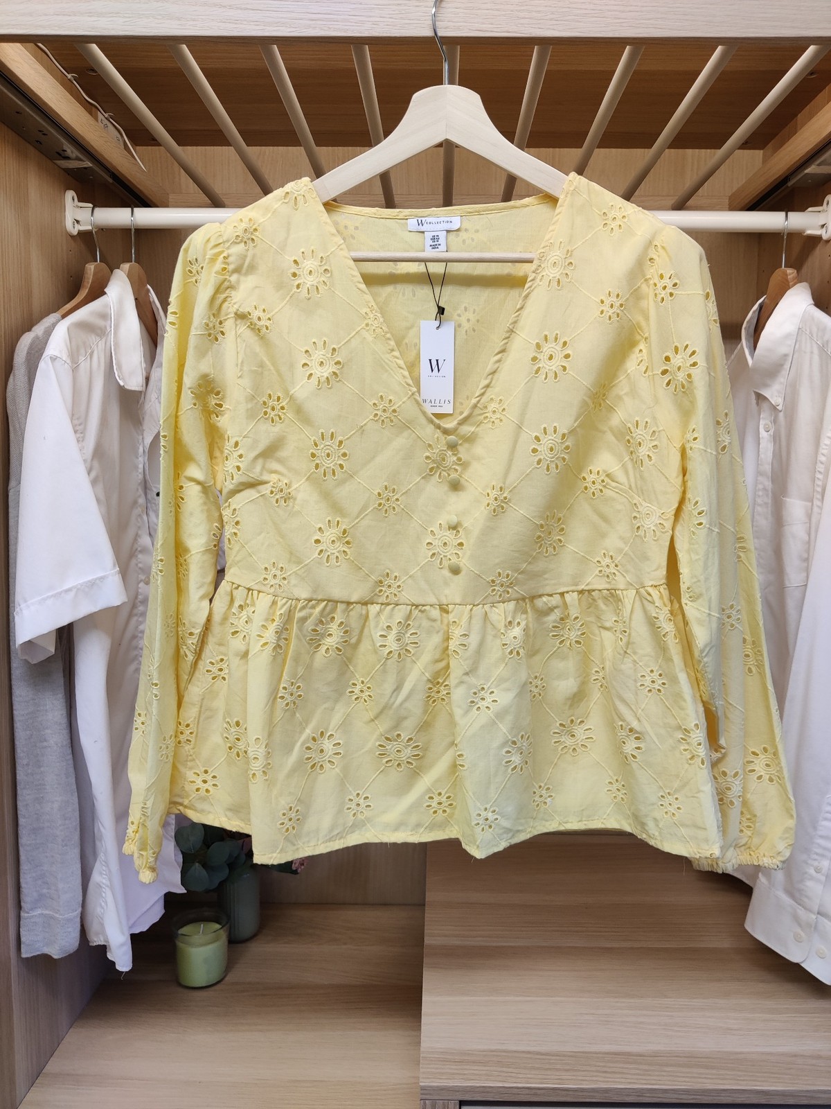BNWT WALLIS YELLOW UK 14 PETITE BLOUSE TOP BRODERIE PEPLUM LONG SLEEVE WOMENS