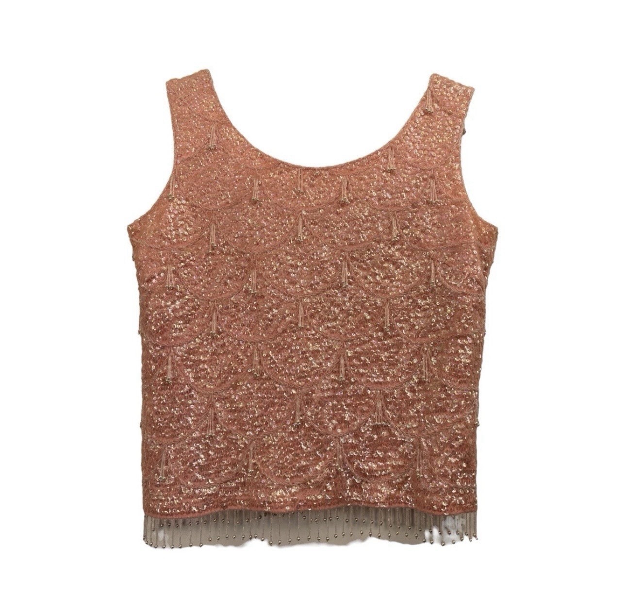 Vtg Fringe Knit Sleeveless Top Womens S Retro Sequined Beaded 60s Gatsby Flapper