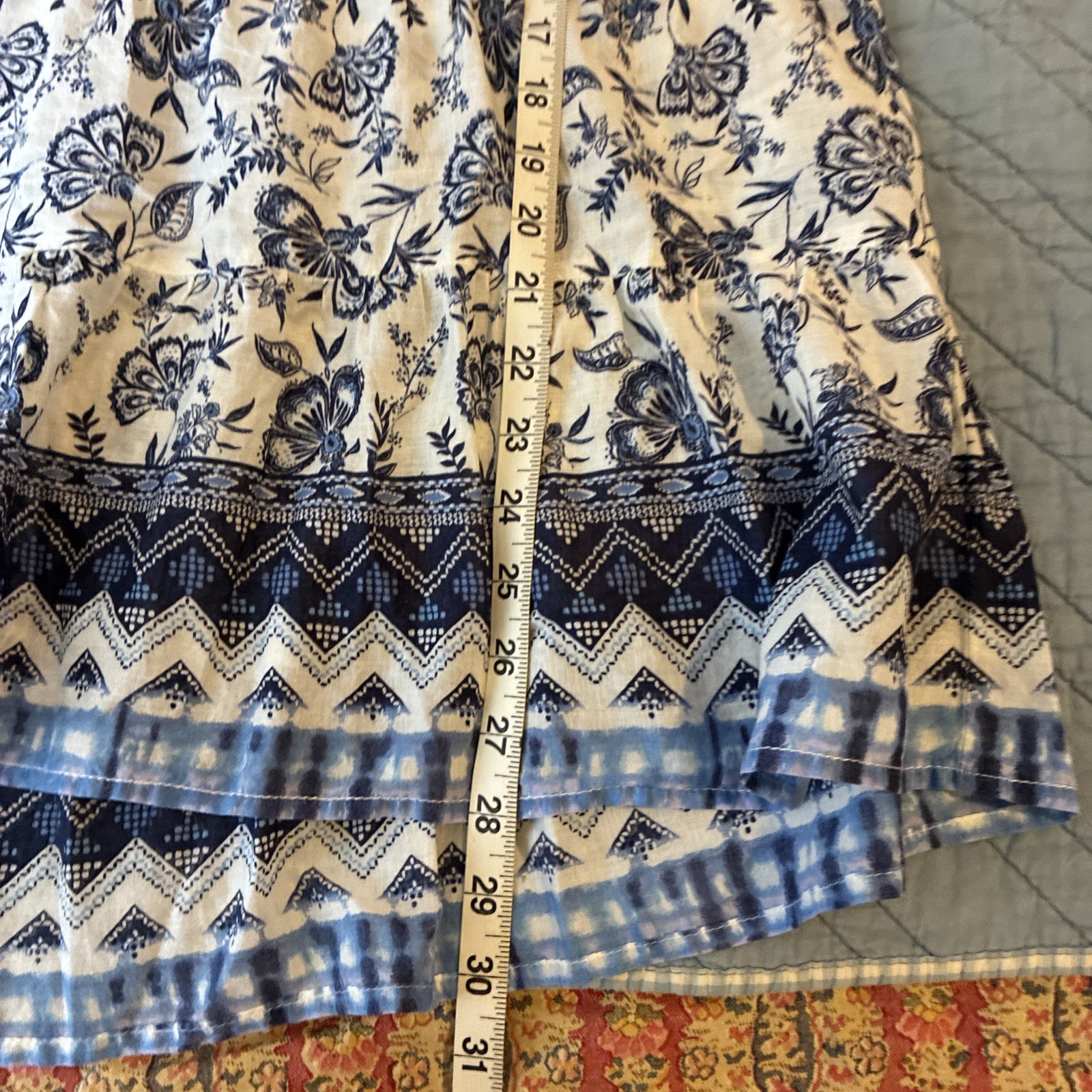 BeachLunchLounge Top Women’s Large Boho Paisley Floral Blue white Peplum Ruffle