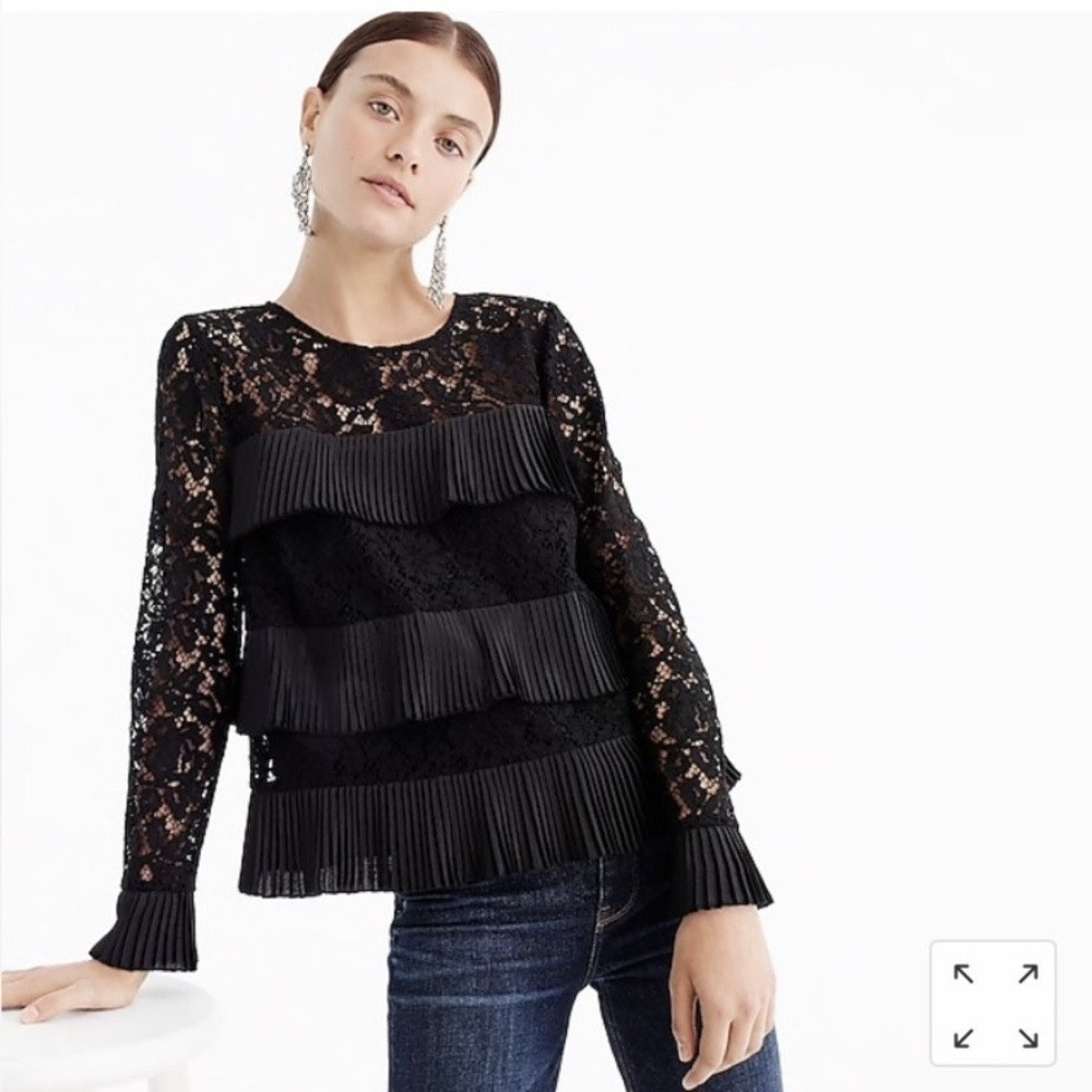 J.Crew Blouse Womens 6 Black Lace Pleated Ruffle Tiered Long Sleeve Top H2354