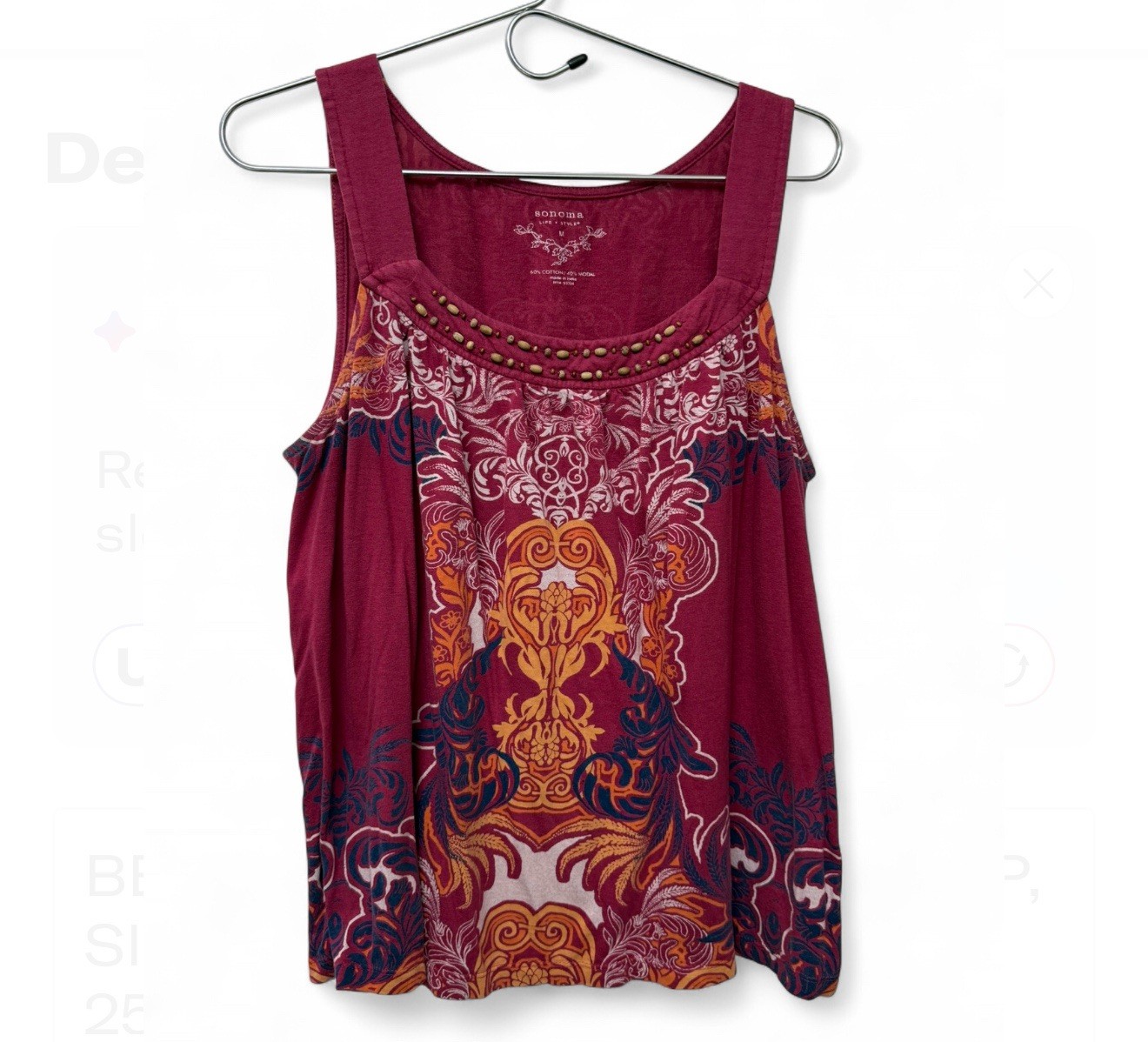 SONOMA ORNATE PRINT BEADED NECKLINE TANK TOP, SIZE M, CHEST 40″, LENGTH 25″