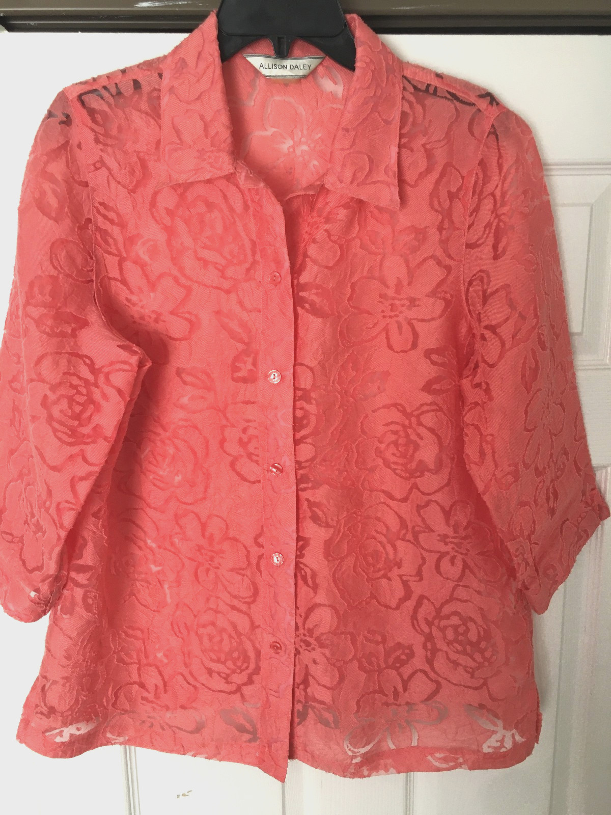Allison Daley Top Blouse Women’s 10 Coral Floral Sheer 3/4 Sleeve Button Front