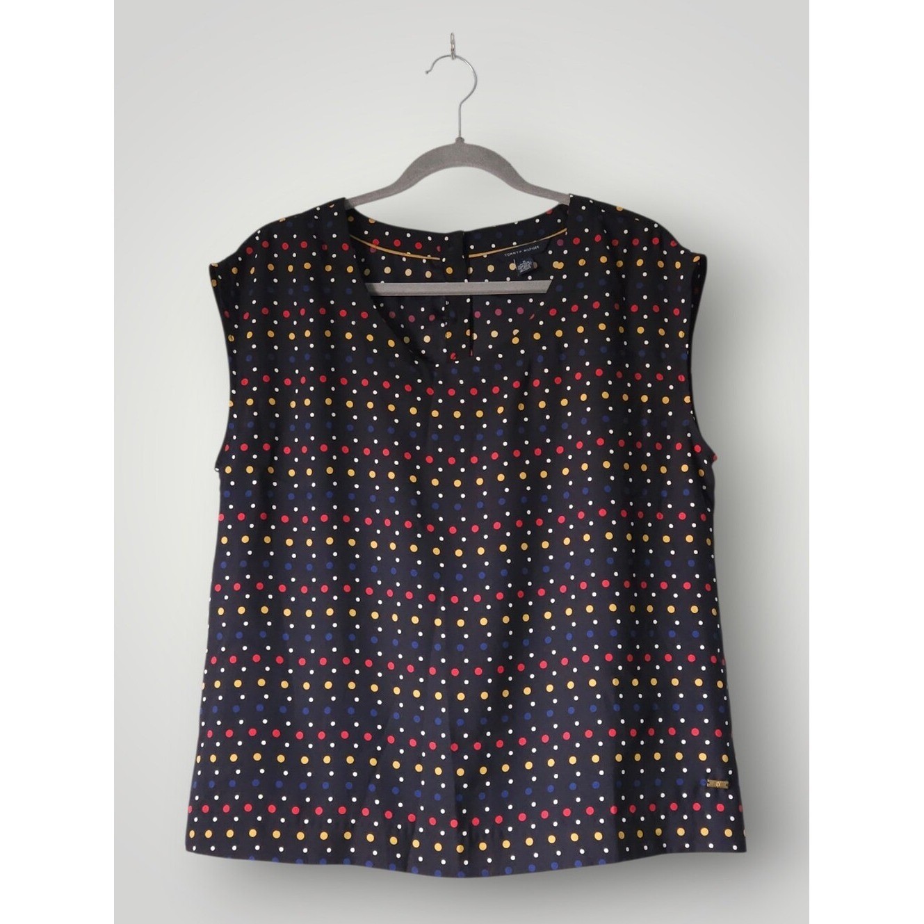 Tommy Hilfiger Sleeveless Blouse Medium Navy Multi Polka Dot Back Button Workwea