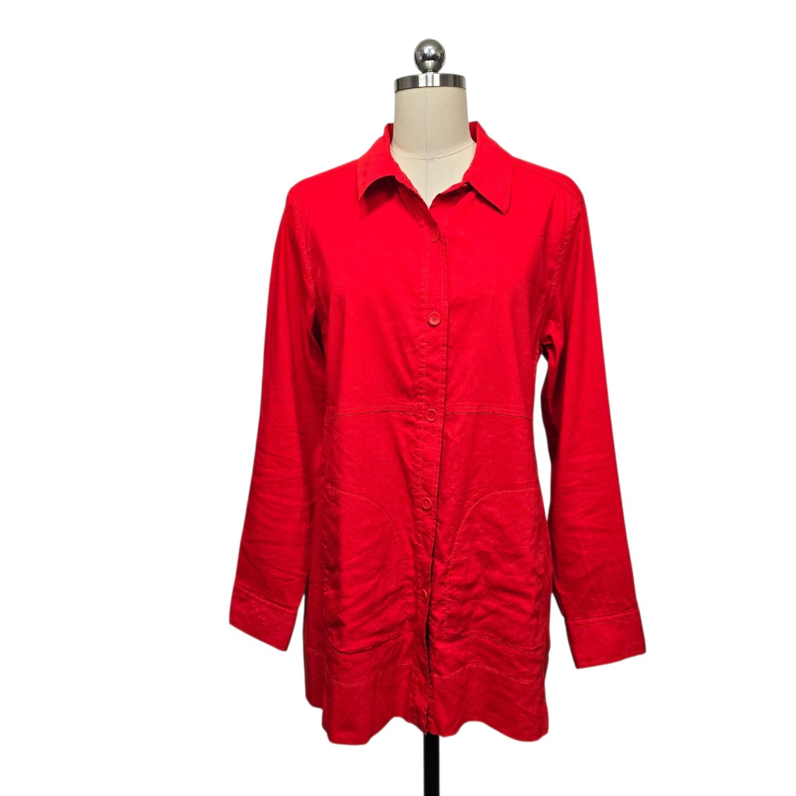 Eileen Fisher Red Linen Blend Button Down Tunic Shirt Womens Size Medium