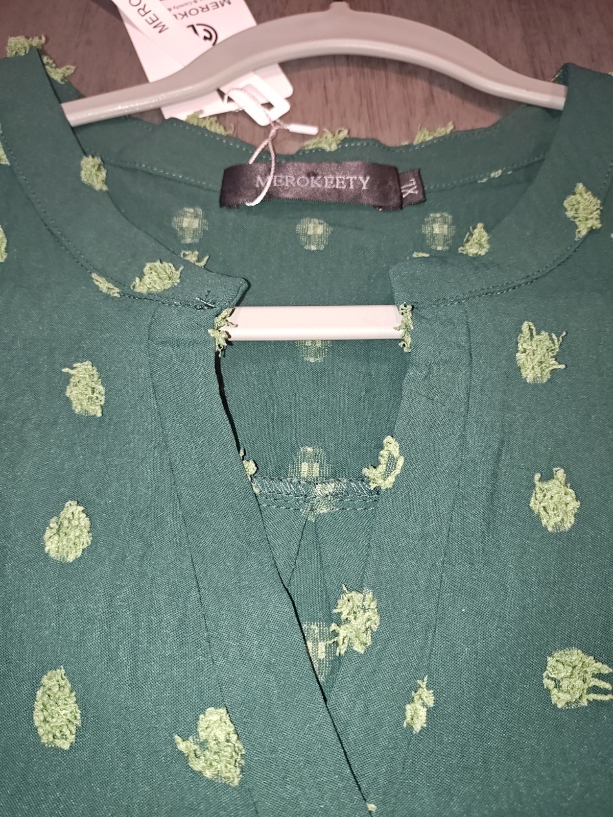 NWT MEROKEETY Green Swiss Dot Short Flutter Sleeve Blouse Top XL