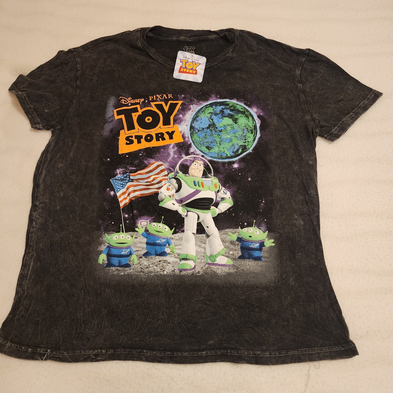 Toy Story Buzz Lightyear Women XL Black Acid Wash Graphic Tee Disney Pixar NEW