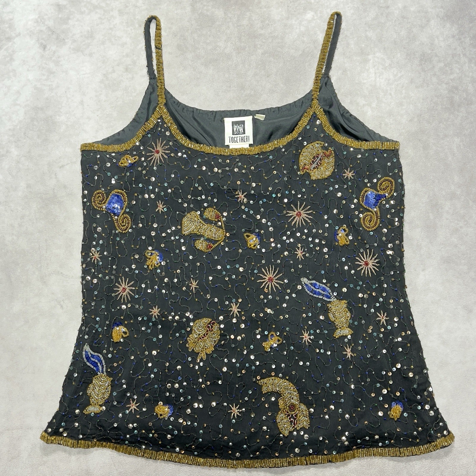 VTG Astrology Silk Beaded Sequin Top Womens M Zodiac Celestial Horoscope Whimsy