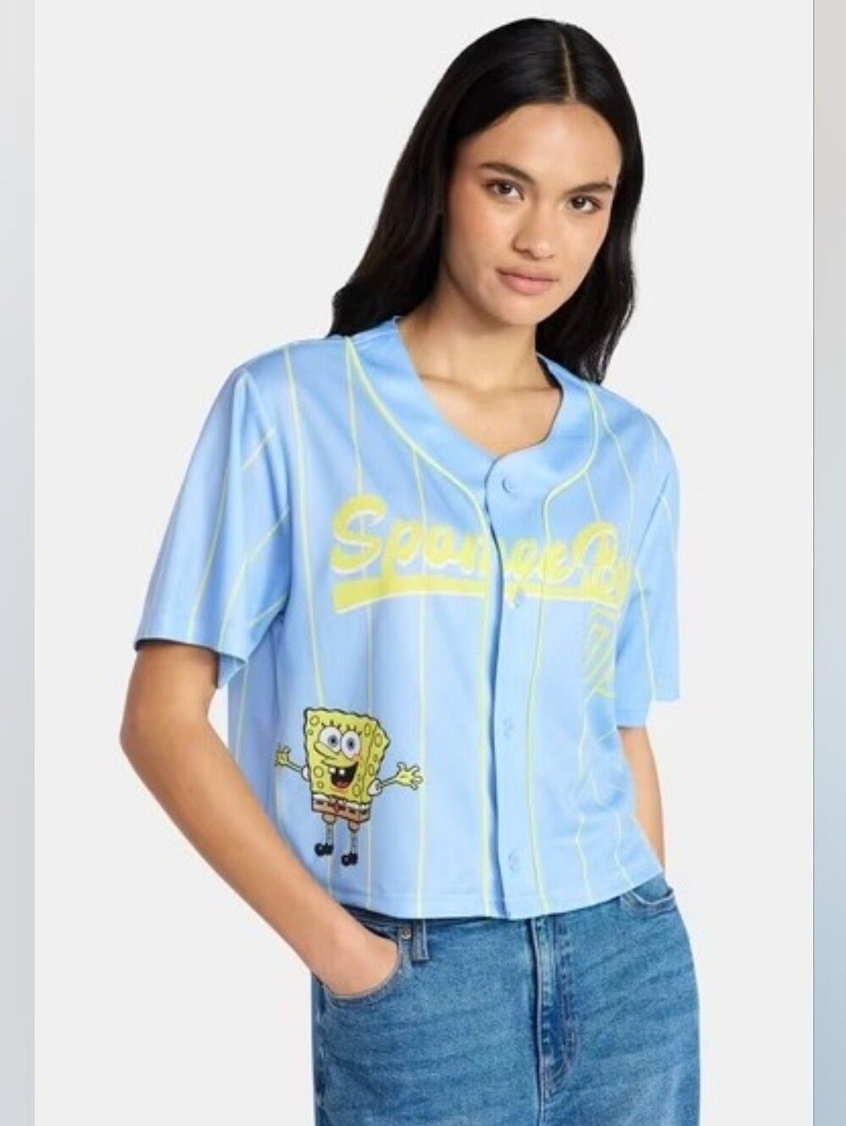 Sponge Bob Square Pants Light Blue Graphic Cropped Baseball Jersey Top