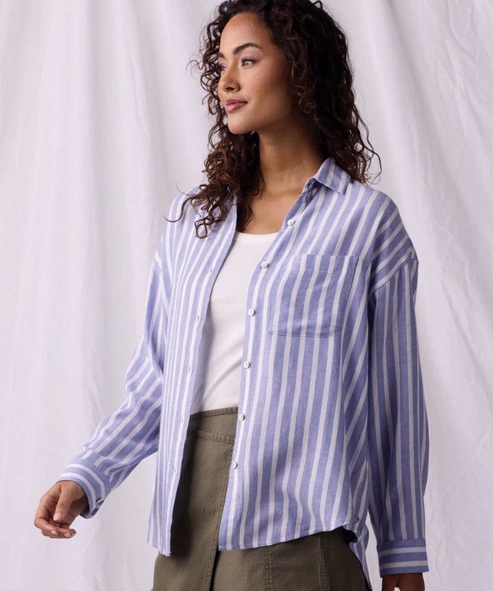 The Normal Brand Freshwater Overshirt Women Medium Blue White Stripe Linen Blend