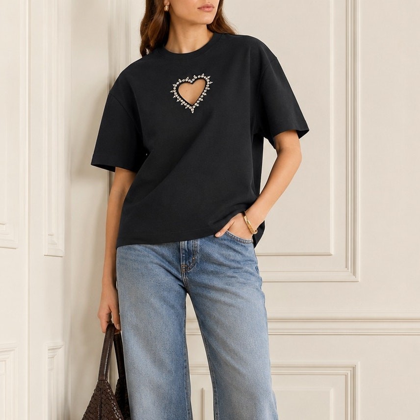 Area Crystal Heart Cutout Relaxed T-shirt Womens XS Black Crewneck Italy NWT