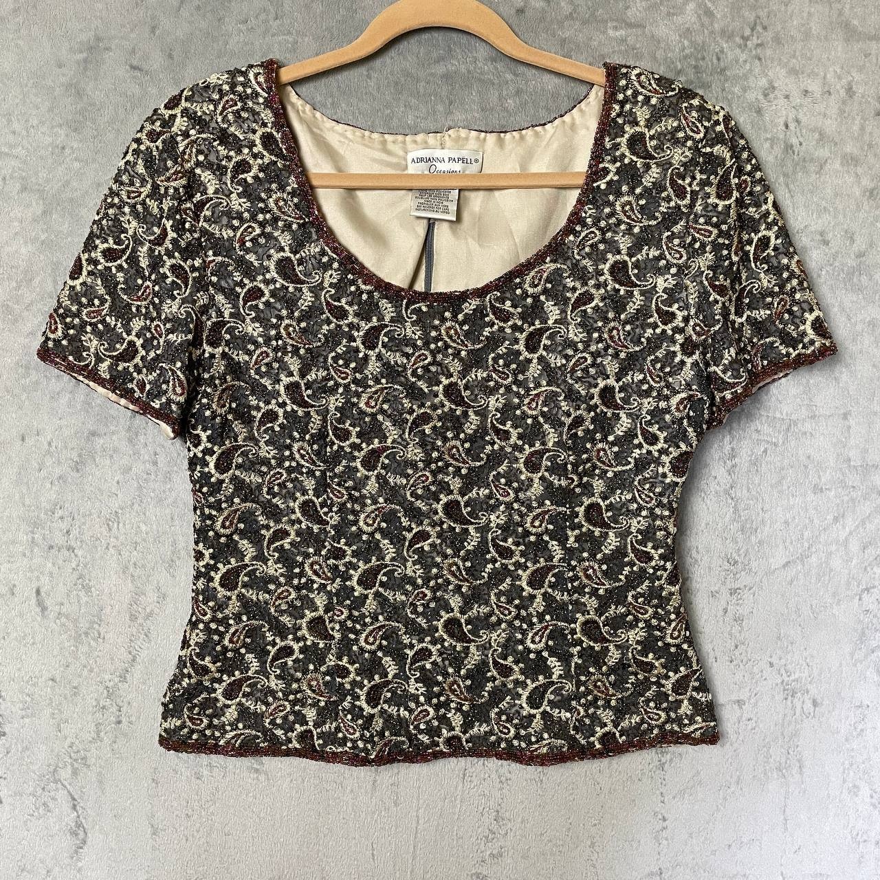 Silk Beaded Paisley Blouse Blue Gold Formal Size 14 Romantic Victorian Evening