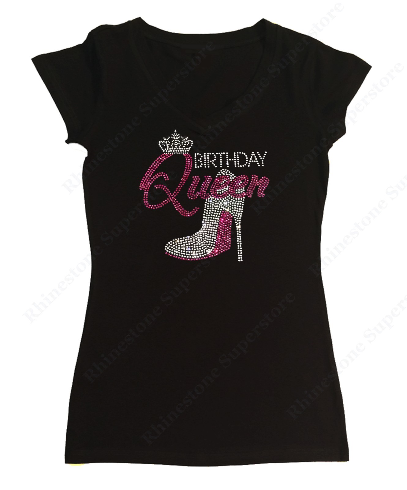 Women’s Rhinestone T-Shirt Pink Birthday Queen with Heel in Size – Sm to 3X
