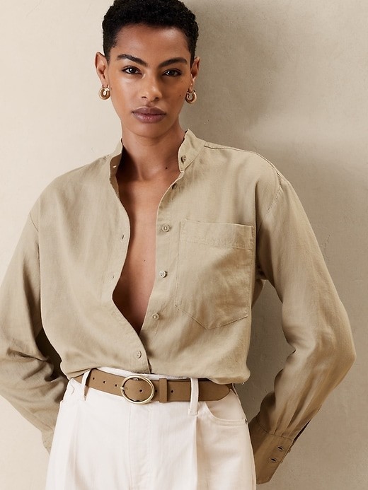 Banana Republic Linen Blend Band Collar Button-Up Shirt Beige M Petite Pockets
