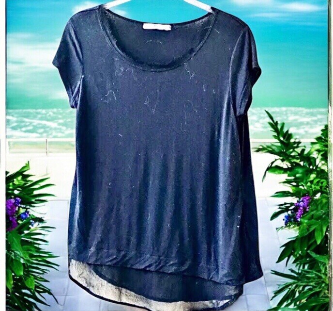 Femme By Tresics Black Blouse Top Cap Sleeve SHEER TRIM Womens size Small