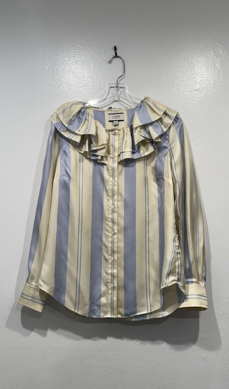 J. Crew Collection Blouse Size Small Ivory Light Blue Striped Ruffle Collar Silk