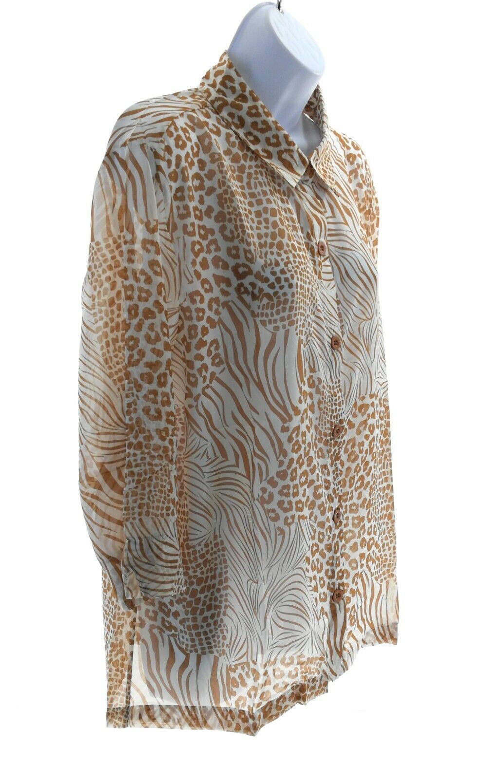 Salon Studio Womens Brown and White Animal Print Sheer Button Front Top Size XL