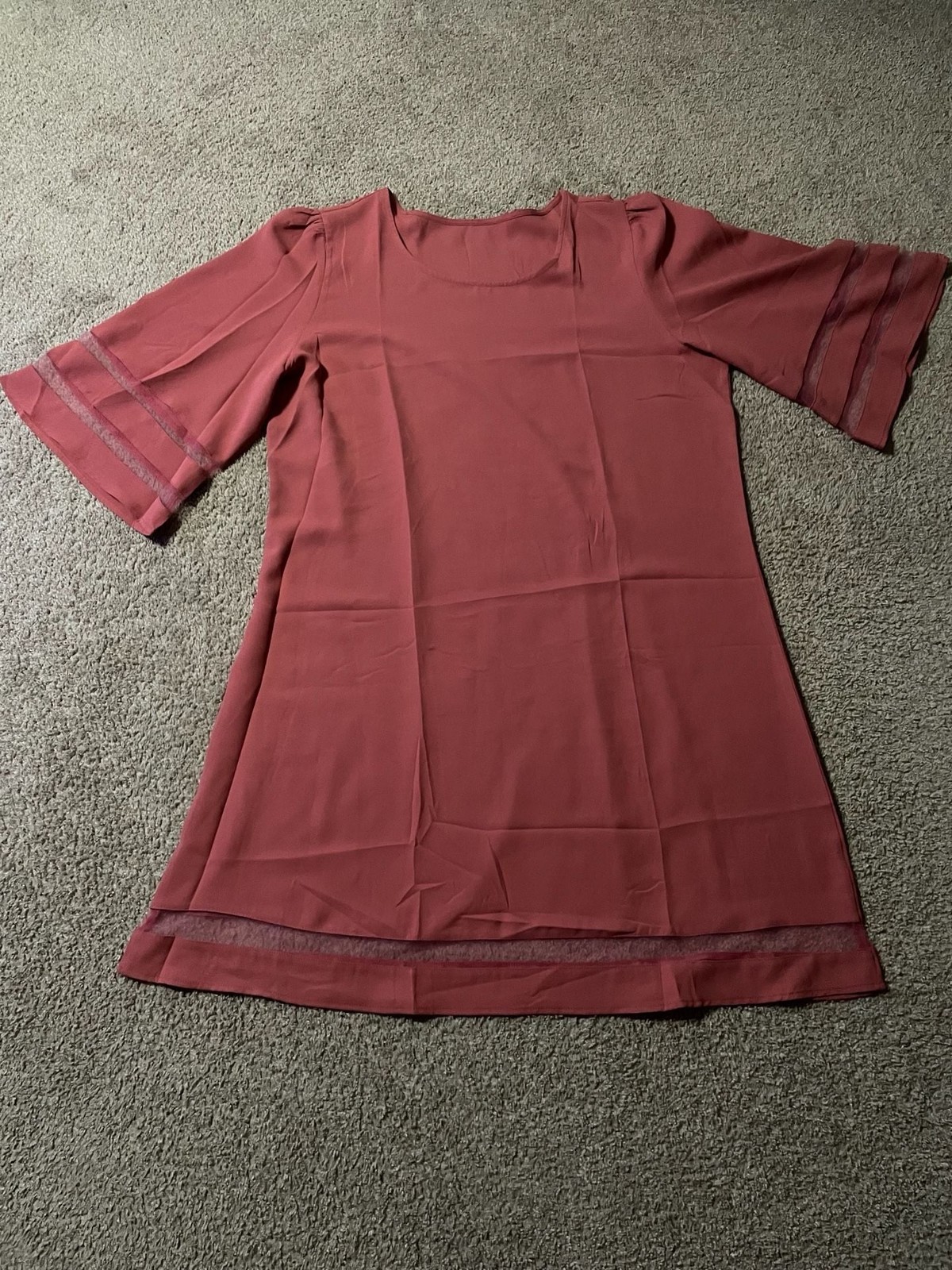 LookbookStore Women Casual Crewneck Mesh Panel 3/4 Bell Sleeve Loose Tunic Dress