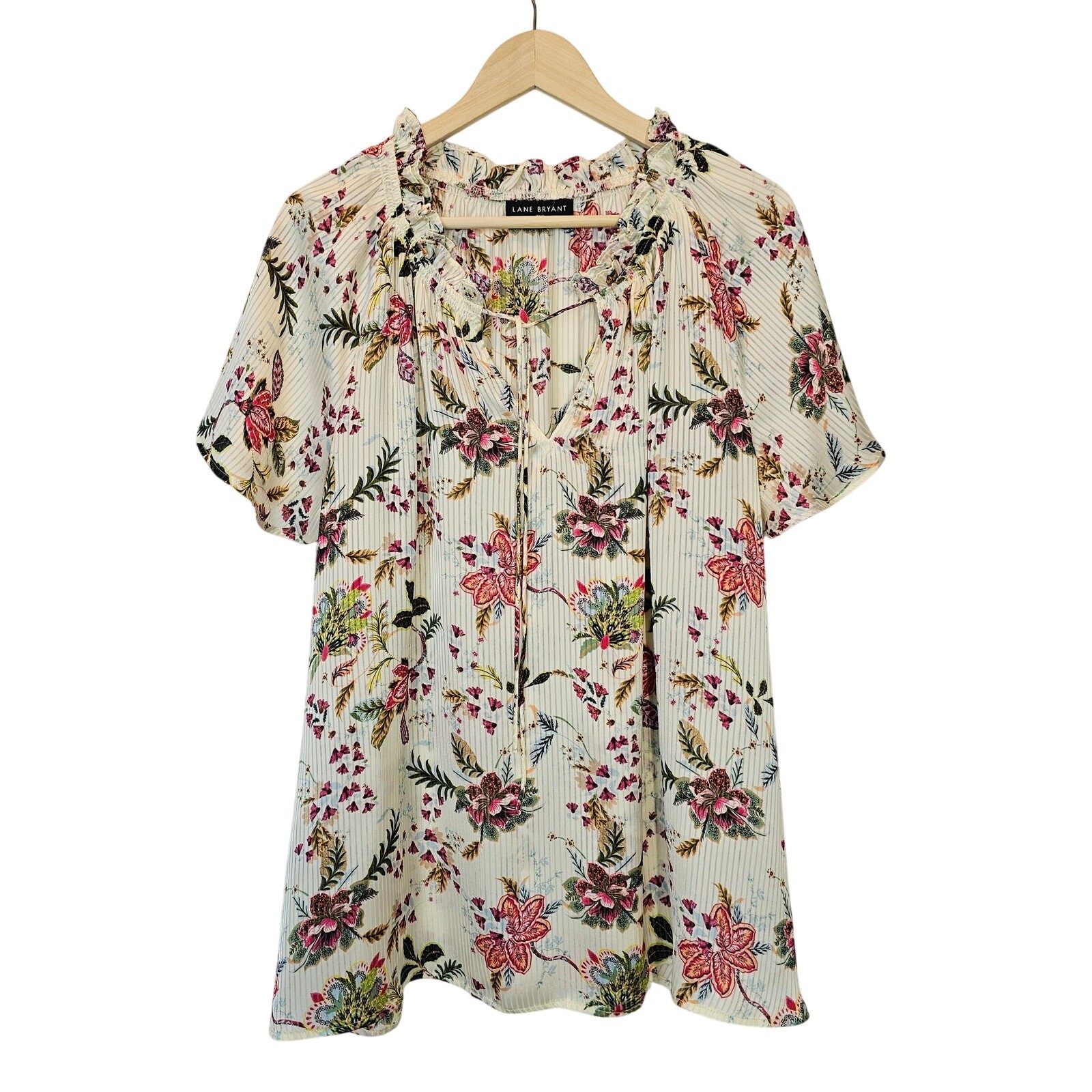 Lane Bryant Swing Cap-Sleeve Ruffle Cream Floral Shadow Stripe Blouse Size 18/20
