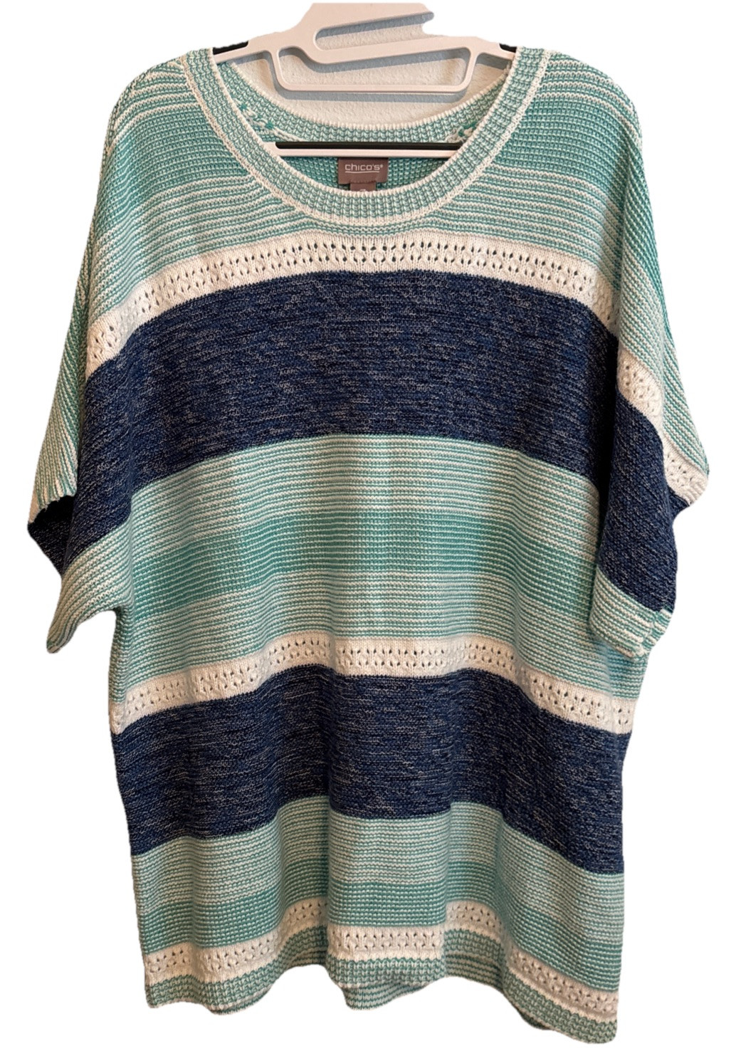 Chicos Size 3 Women’s Open Knit Sweater Striped Short Sleeves Cotton Blend