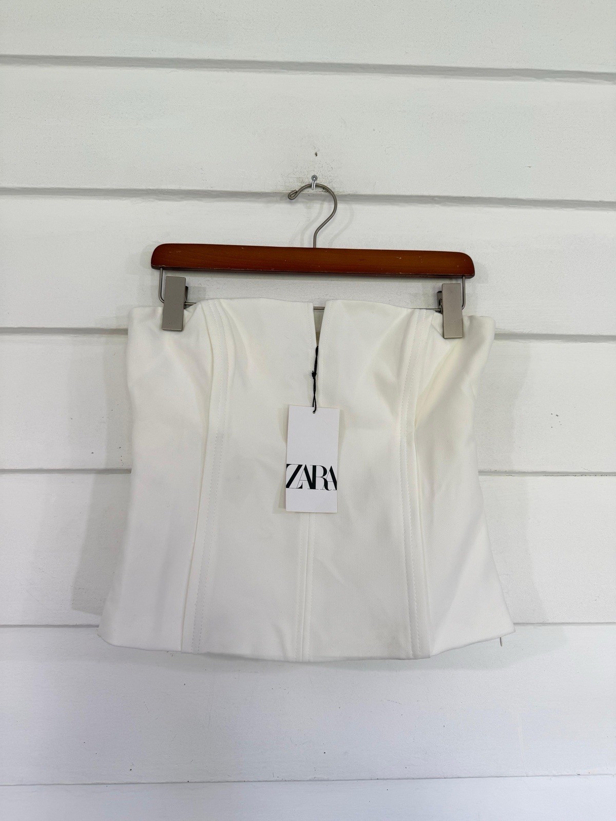 Zara Women White Ecru Halter Corset Top Strapless Seamed Bustier Zip Size M