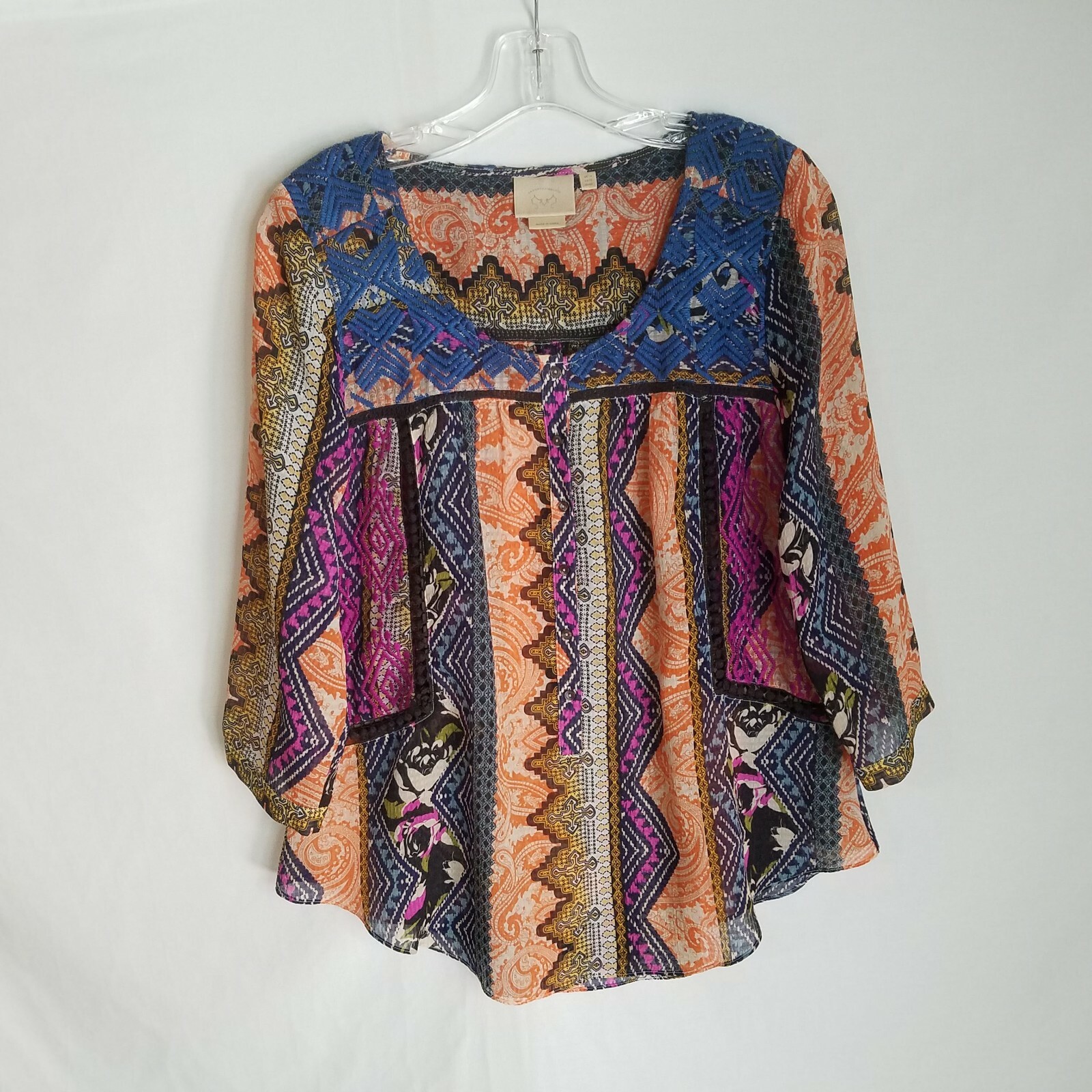 Vanessa Virginia Anthropologie Womens Embroidered 3/4 Button Top Shirt Size 10