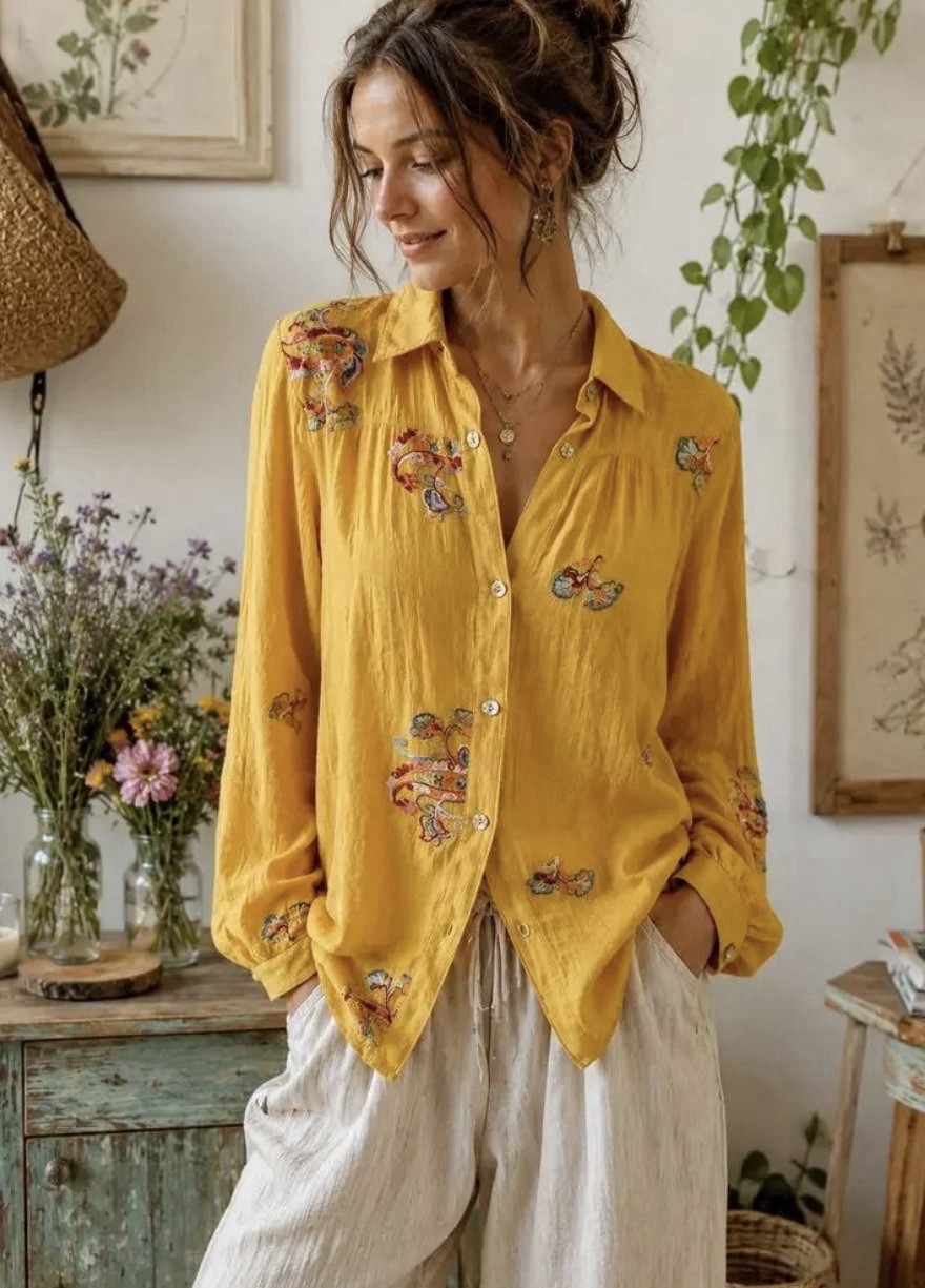 FIG AND FLOWER Yellow Anthropologie Button Down Blouse Womens LARGE Embroidered