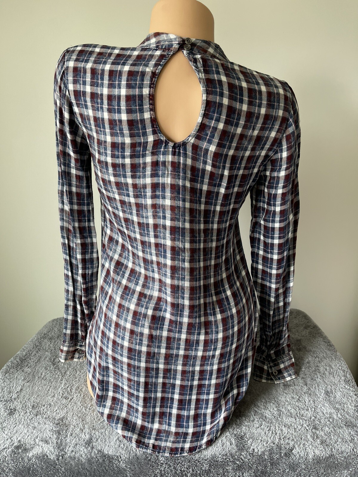 90s Grunge Plaid Choker Neck Top XS Burgundy Blue Rayon Fall Goth Indie Boho