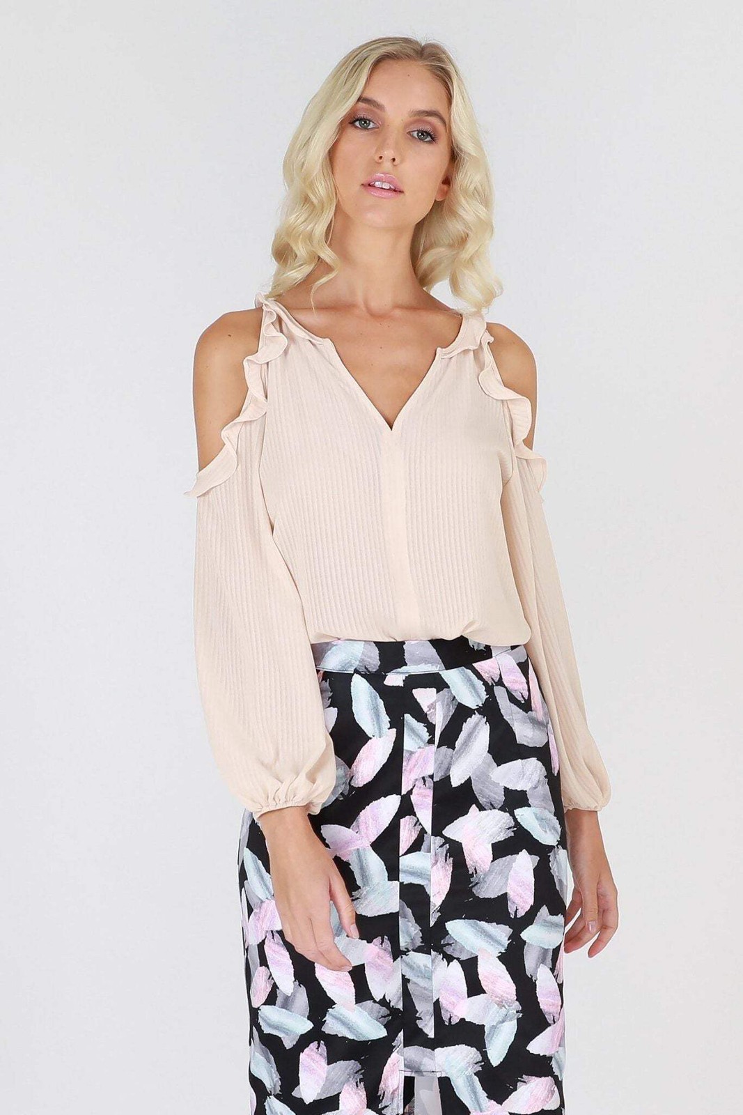 Vivid Beige Bare Shoulder Sleeved Blouse in Nude | 3RD Love