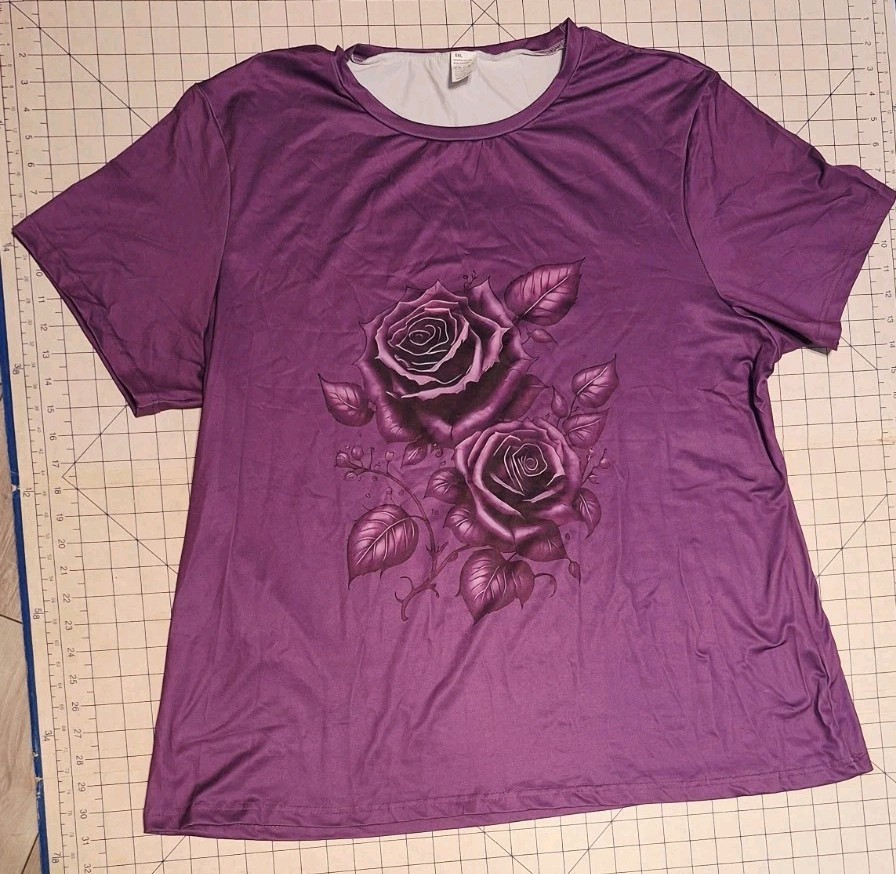 Women’s 6XL Dark Violet Rose Design Short Sleeve Round Neck Top Plus Size
