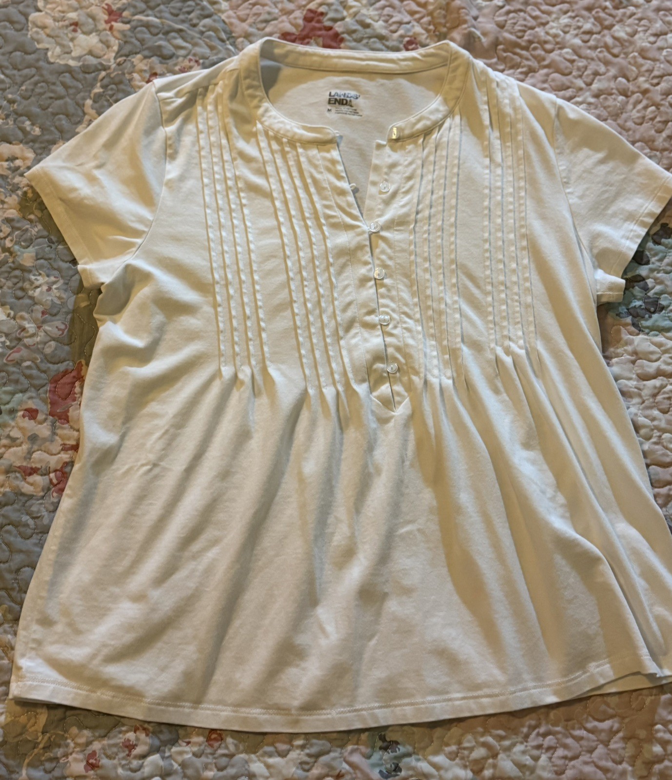 Lands End Lightweight Jersey Button Pintuck Top Size M White Spandex Cleangirl