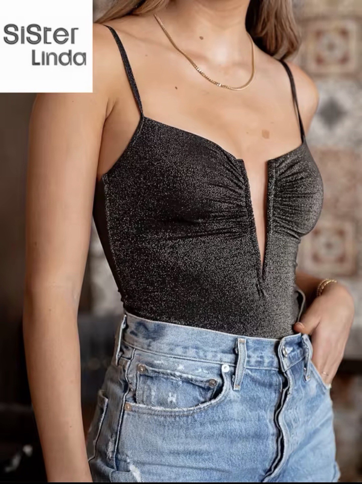 Women Low Cut V Neck Body Suit Top Sexy Black Streetwear Clubwear Large