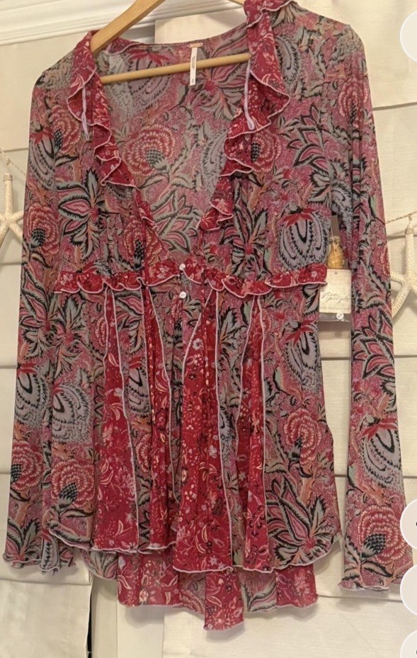 NWT Free People Babydoll Tunic Sheer Layering Bell Sleeve Top Blouse S