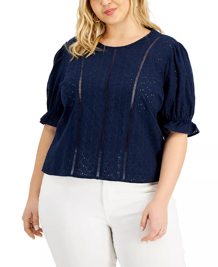/LX080/ INC Plus Cotton Eyelet Blouse Top Navy Sz 4X $89.50