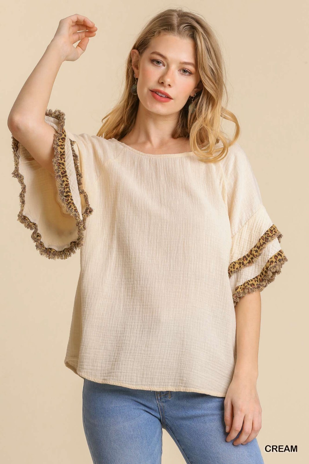 Umgee Creme Gauze Top Round Neck Animal Print Ruffle Sleeves Frayed Hem