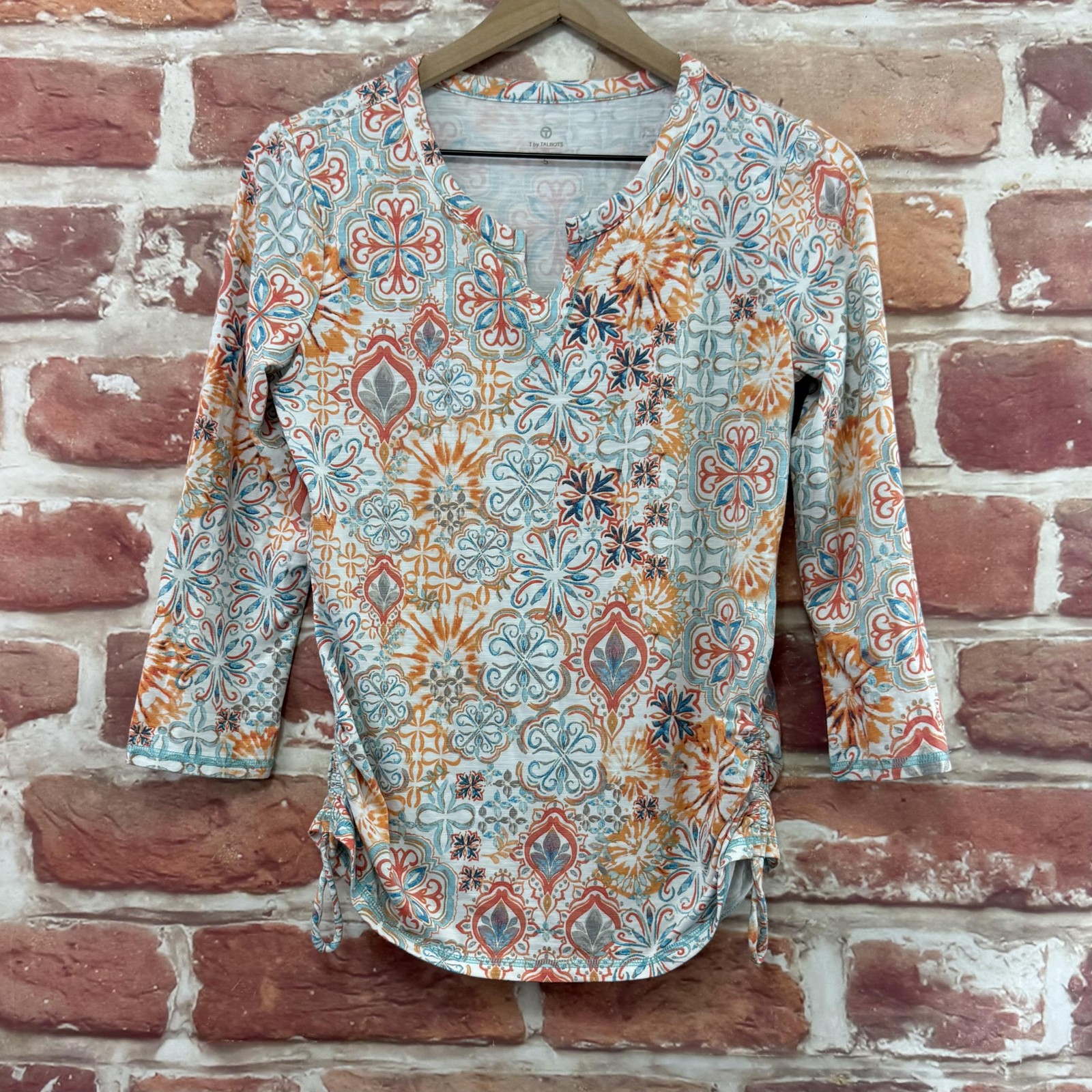 T by TALBOTS Top Womens Small Multicolor Boho Floral Abstract Slub Ruched Shirt
