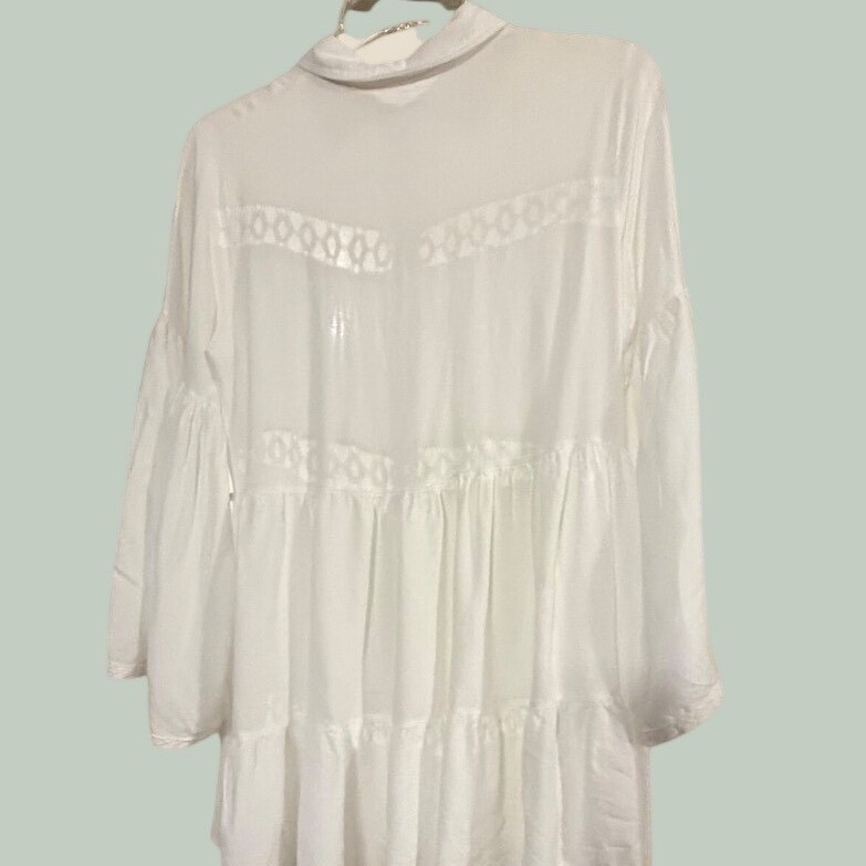 Boho White Tiered Button Down Tunic Crochet Lace Bell Sleeve Top