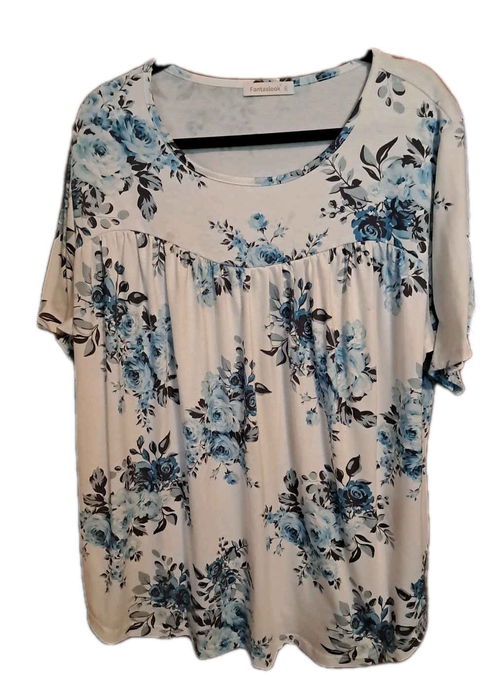 Fantaslook Floral Top Womans Plus Size 3XL White Blue Short Sleeve
