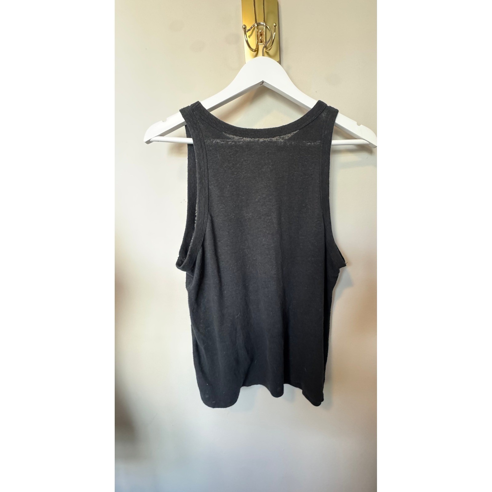 Black Linen Blend Slub Knit Tank Top Sleeveless Crew Neck Layering Basic