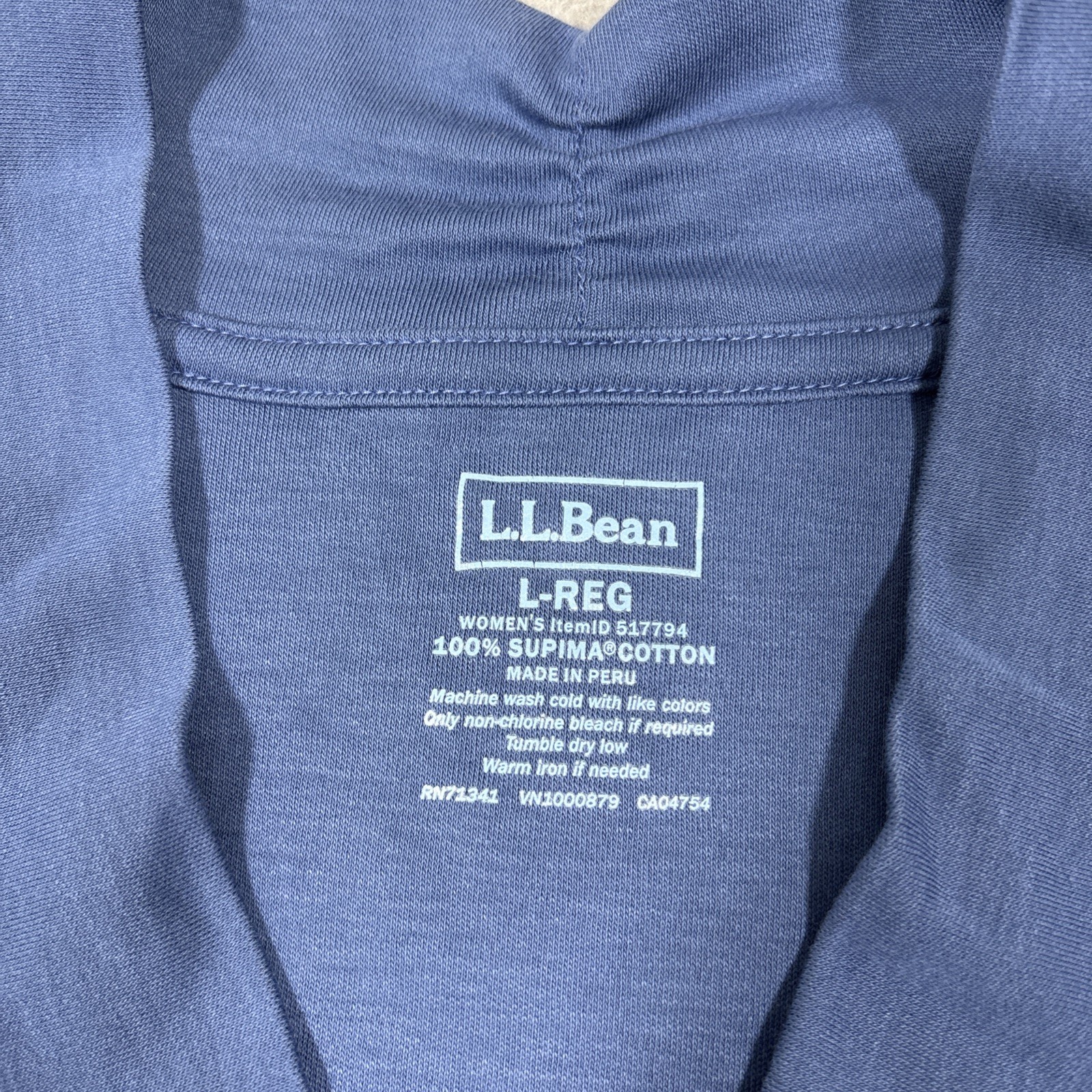 L.L.Bean Women’s Sz L Pima Cotton Tee Large Blue Shawl Collar Long Sleeve Soft
