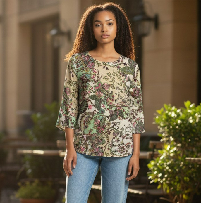 Grace Elements Womens Size XL Floral Linen Blend 3/4 Sleeve Blouse Top Shirt