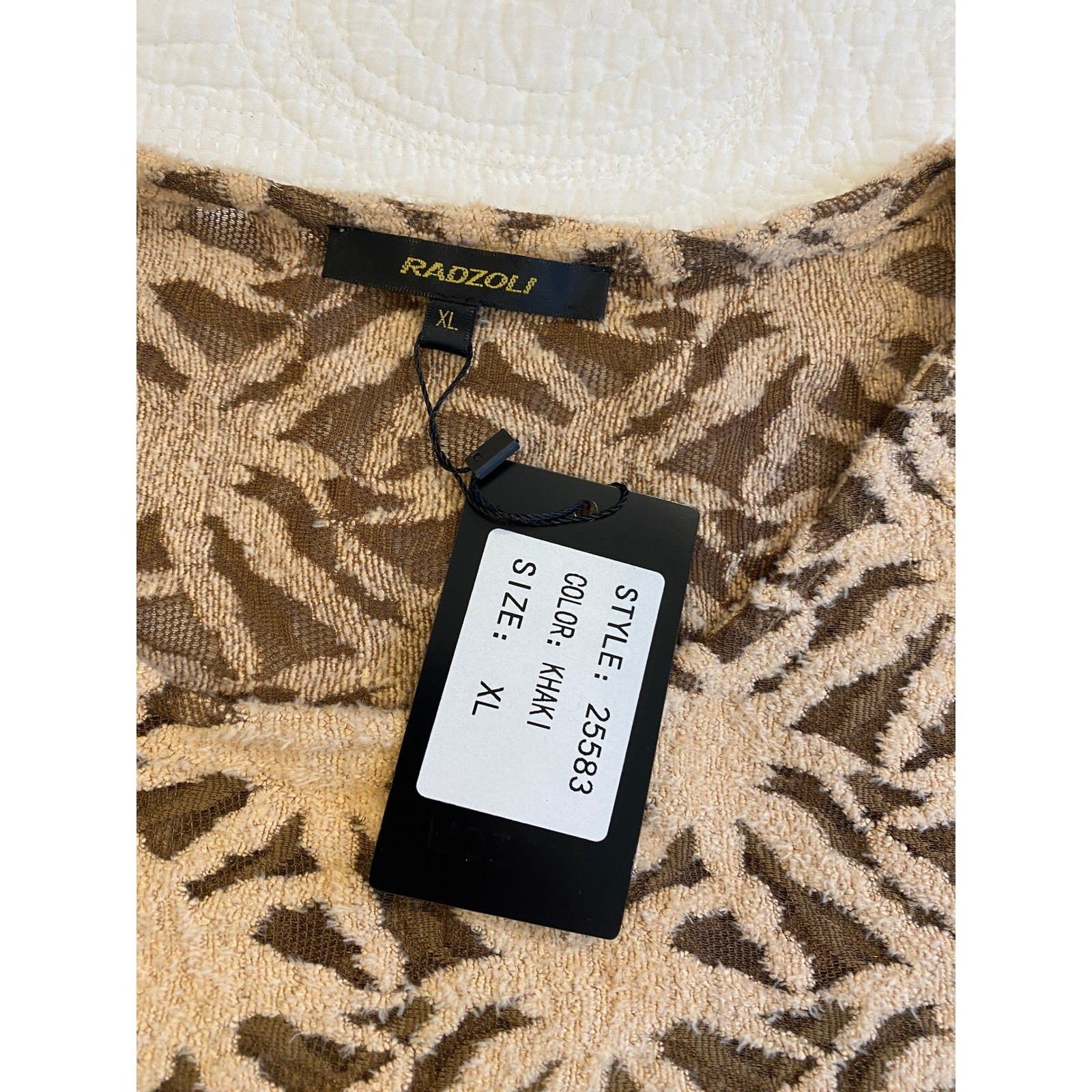 NWT Radzoli Khaki Brown Textured Geometric Long Sleeve Tunic Top XL Sheer Mesh