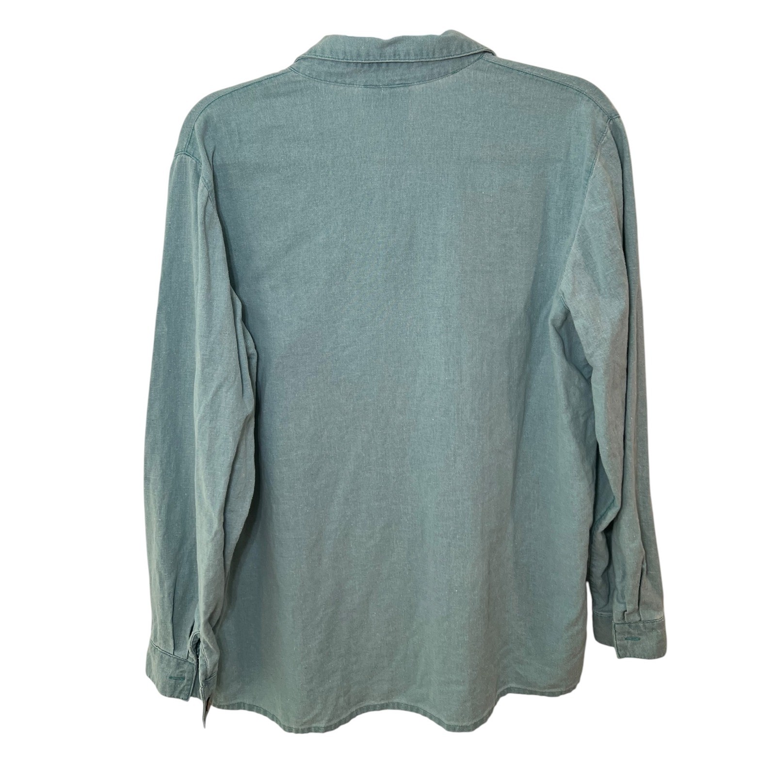 Coldwater Creek Linen Blend Coastal Blue Green Fringed Button Down Top Large
