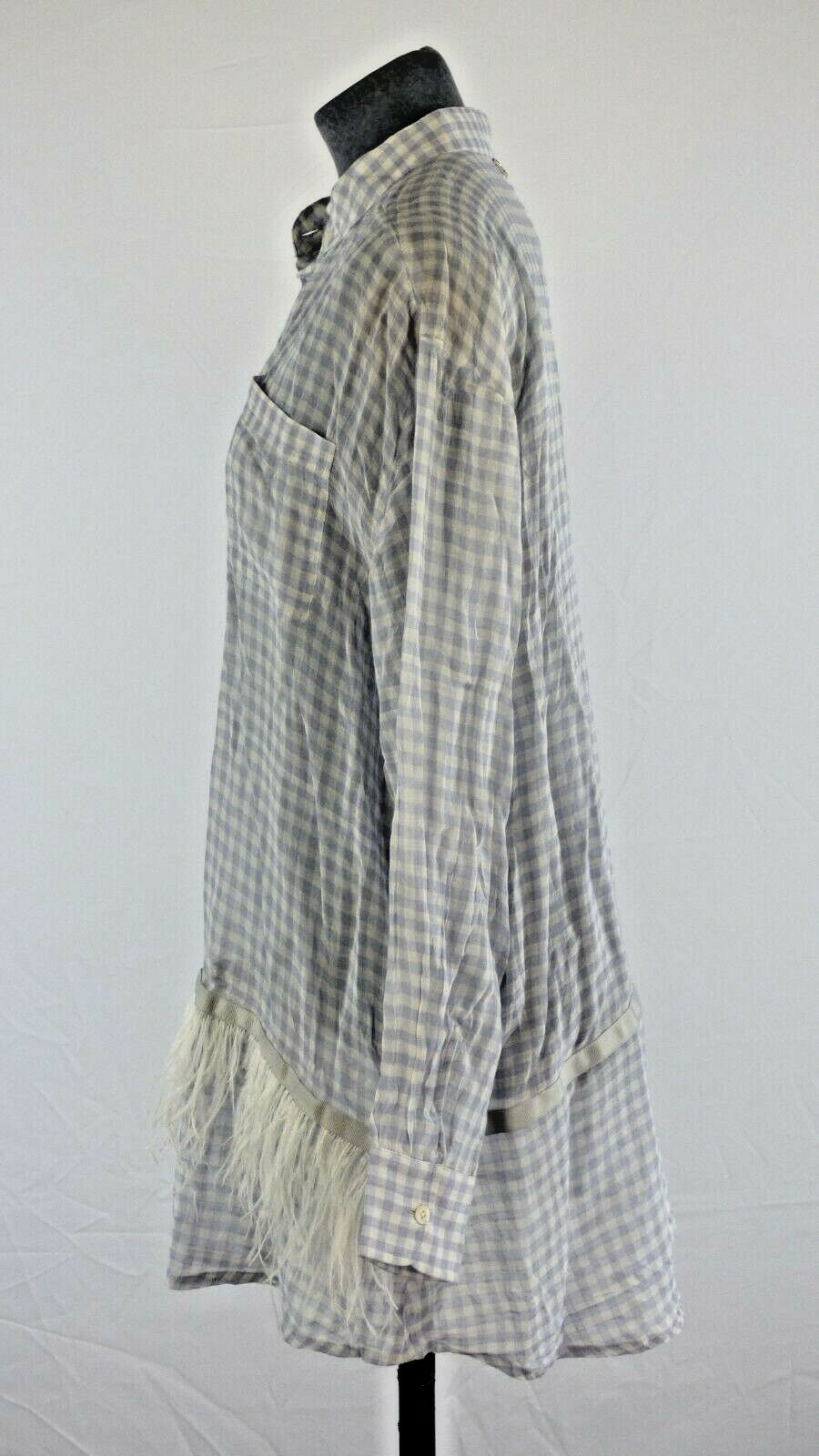 Twinset Simona Barbieri Gingham Cotton Shirt Feather Trim Longline Casual S