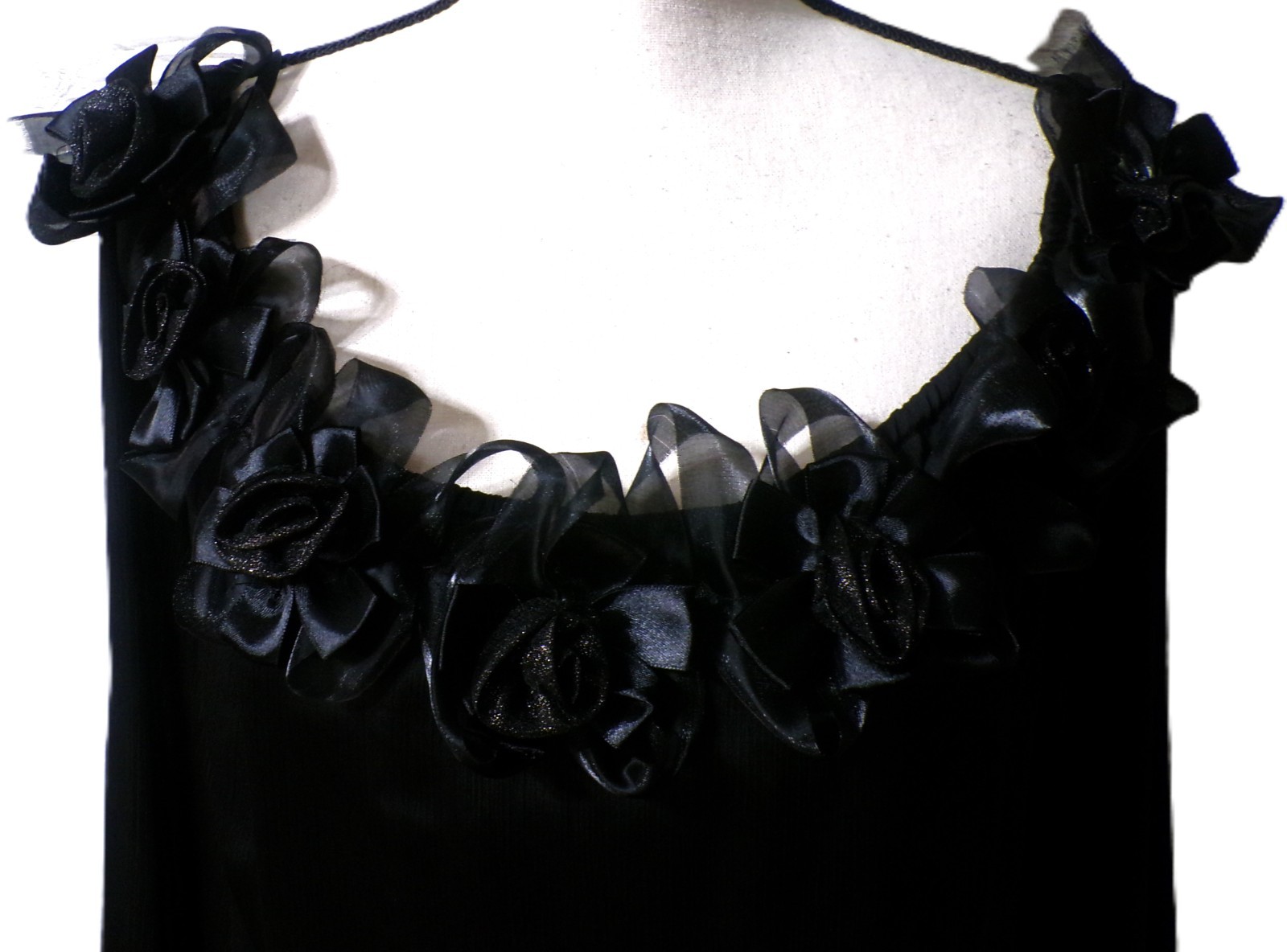 Y2k Xscape Black Top 16 Satin 3-D Flowers Peasant Fairy Goth Whimsigoth Witchy