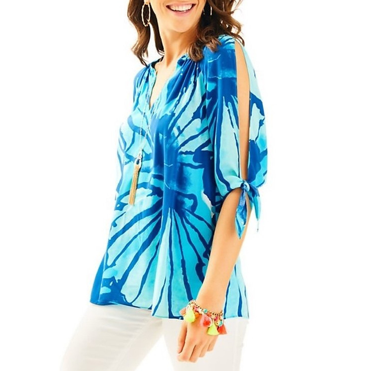Lilly Pulitzer Bryce Tunic Top S Blue V Neck Slit Sleeve Coastal Resort Beachy
