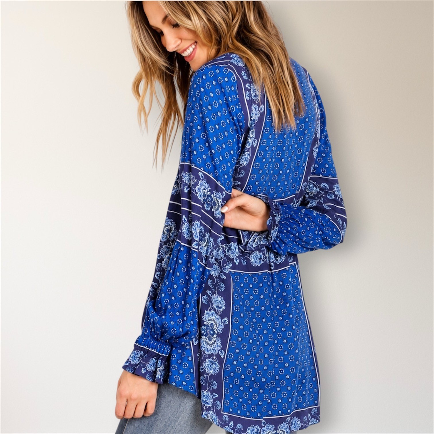 Free People Changing Time True Blue Floral Long Sleeve Tunic Top M Boho Peasant