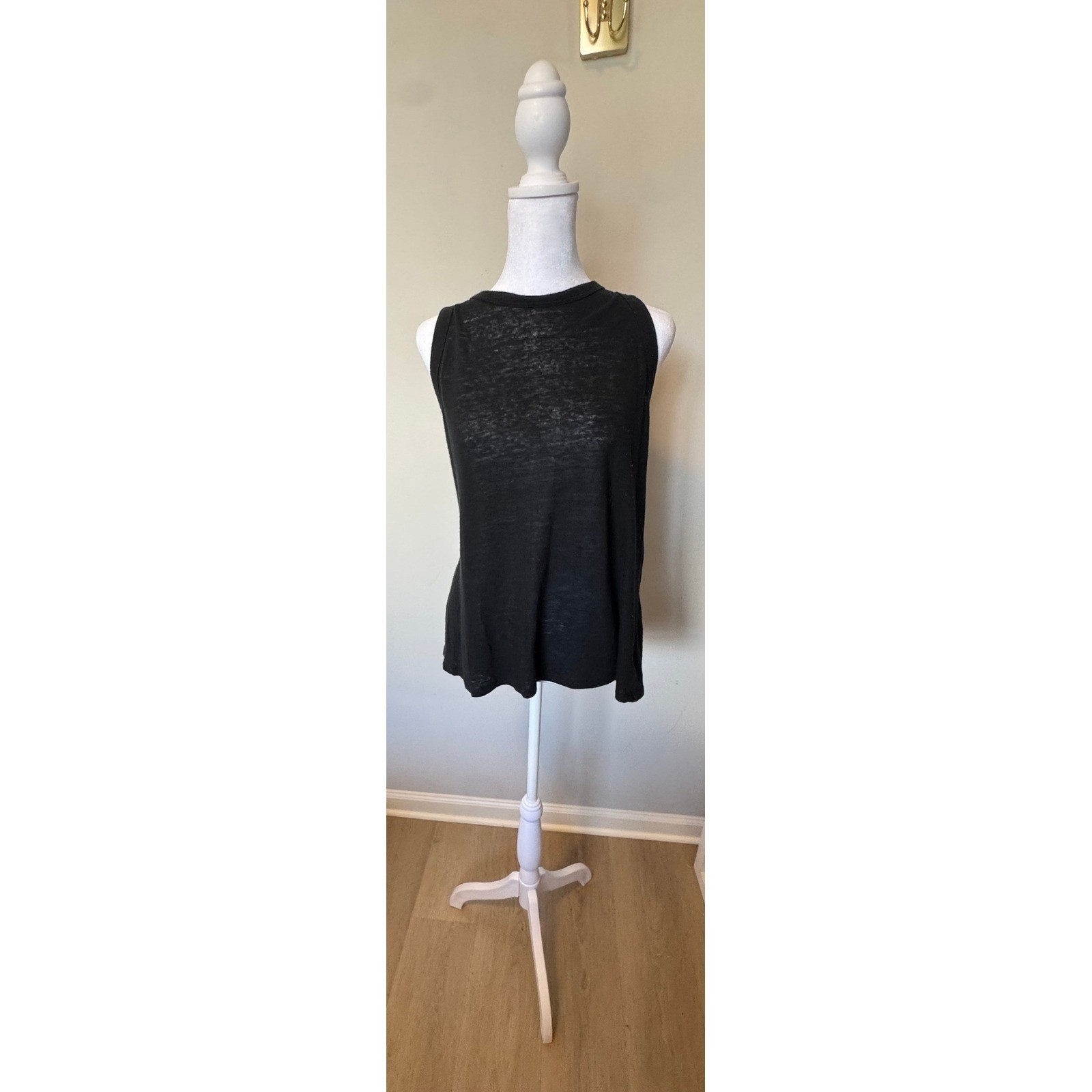 Black Linen Blend Slub Knit Tank Top Sleeveless Crew Neck Layering Basic