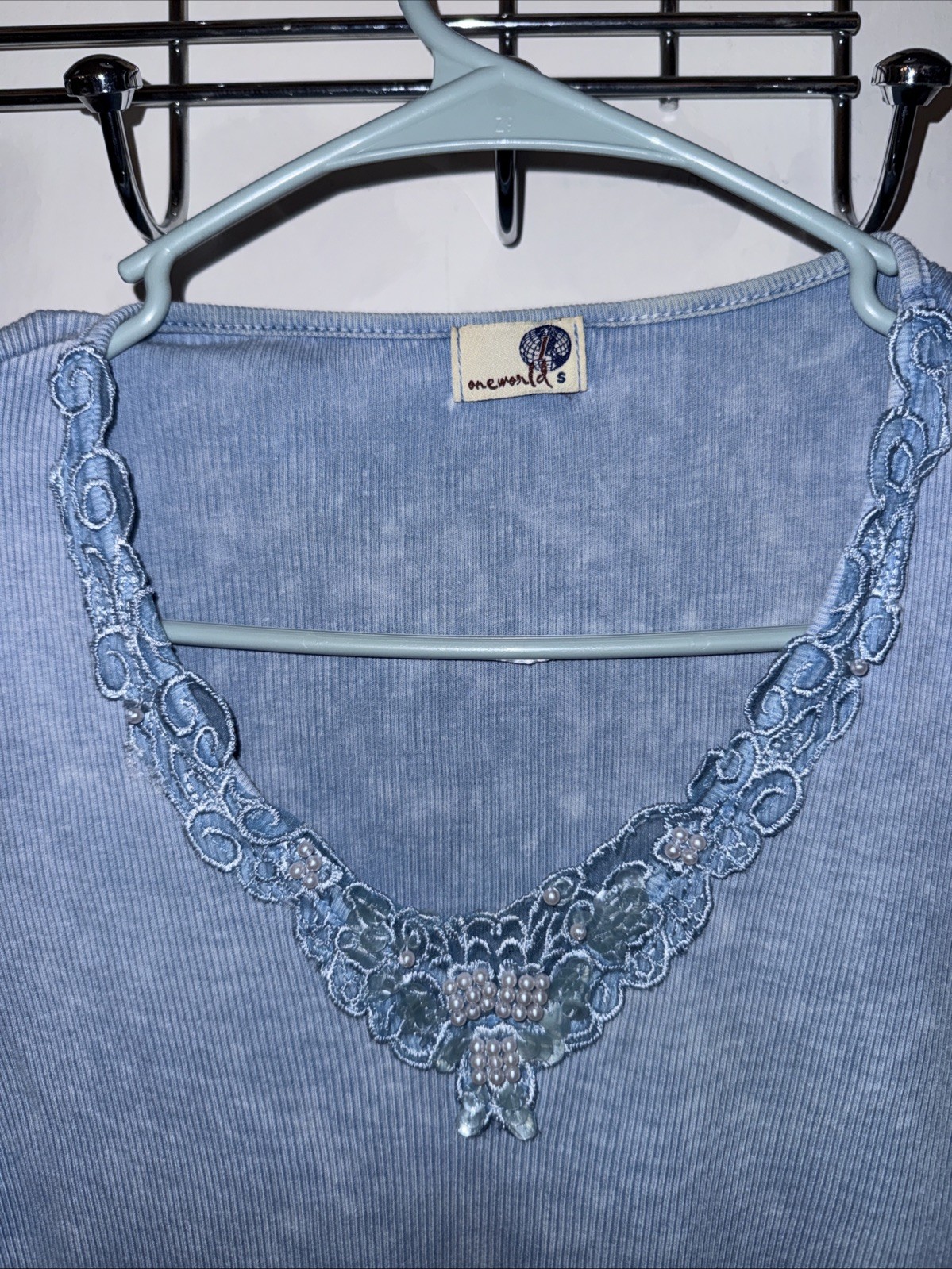 Emerald Small Blue Ribbed Top Pearl Sequin Detail Lace V-Neck Pedal Sleeves Stew