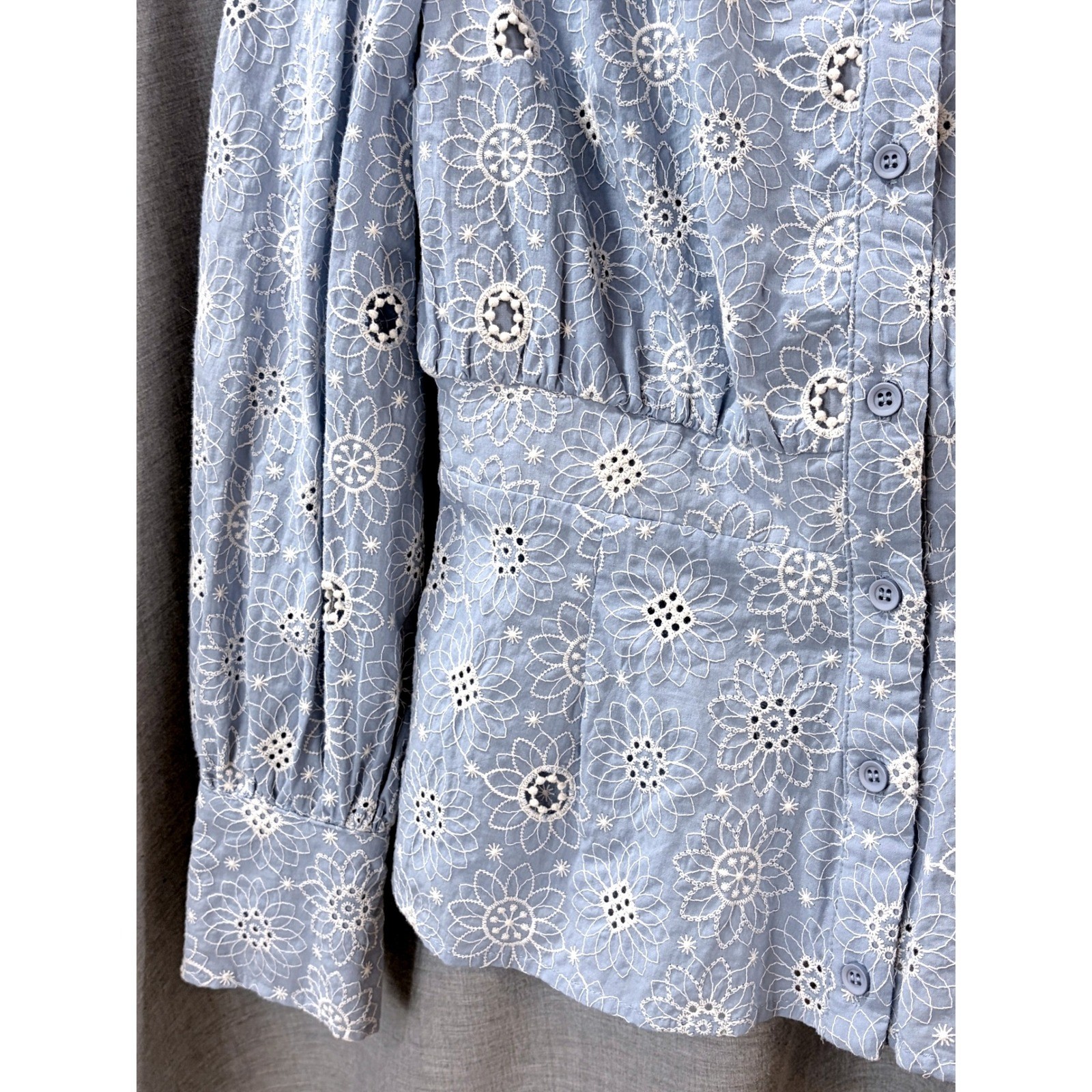 NWT Fate Blue Eyelet Floral Embroidered Button Down Peplum Blouse S Cottagecore